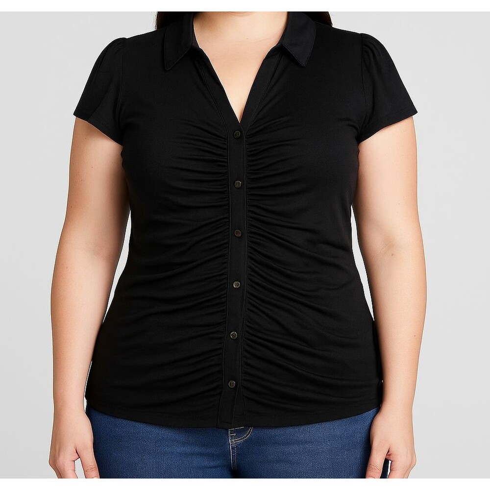 Philosophy Women’s Black Button Front Ruched Shirt Size S‎ Short Sleeve Collared